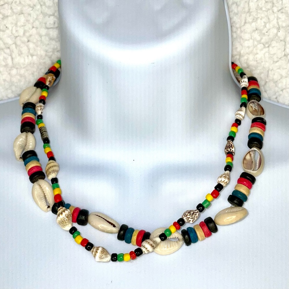 TWO vtg handmade Reggae inspired comrie shell & bead necklaces, like-new, unisex